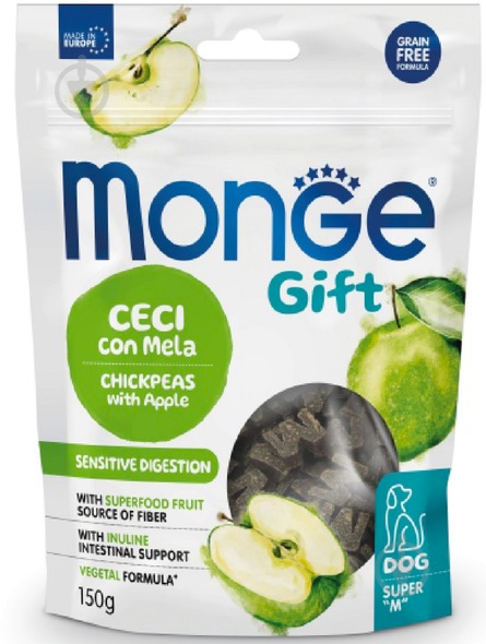 Лакомство Monge GIft Sensitive Digestion нут и яблоко веган 150 г - фото 1 Лакомство Monge GIft Sensitive Digestion нут и яблоко веган 150 г - фото 1