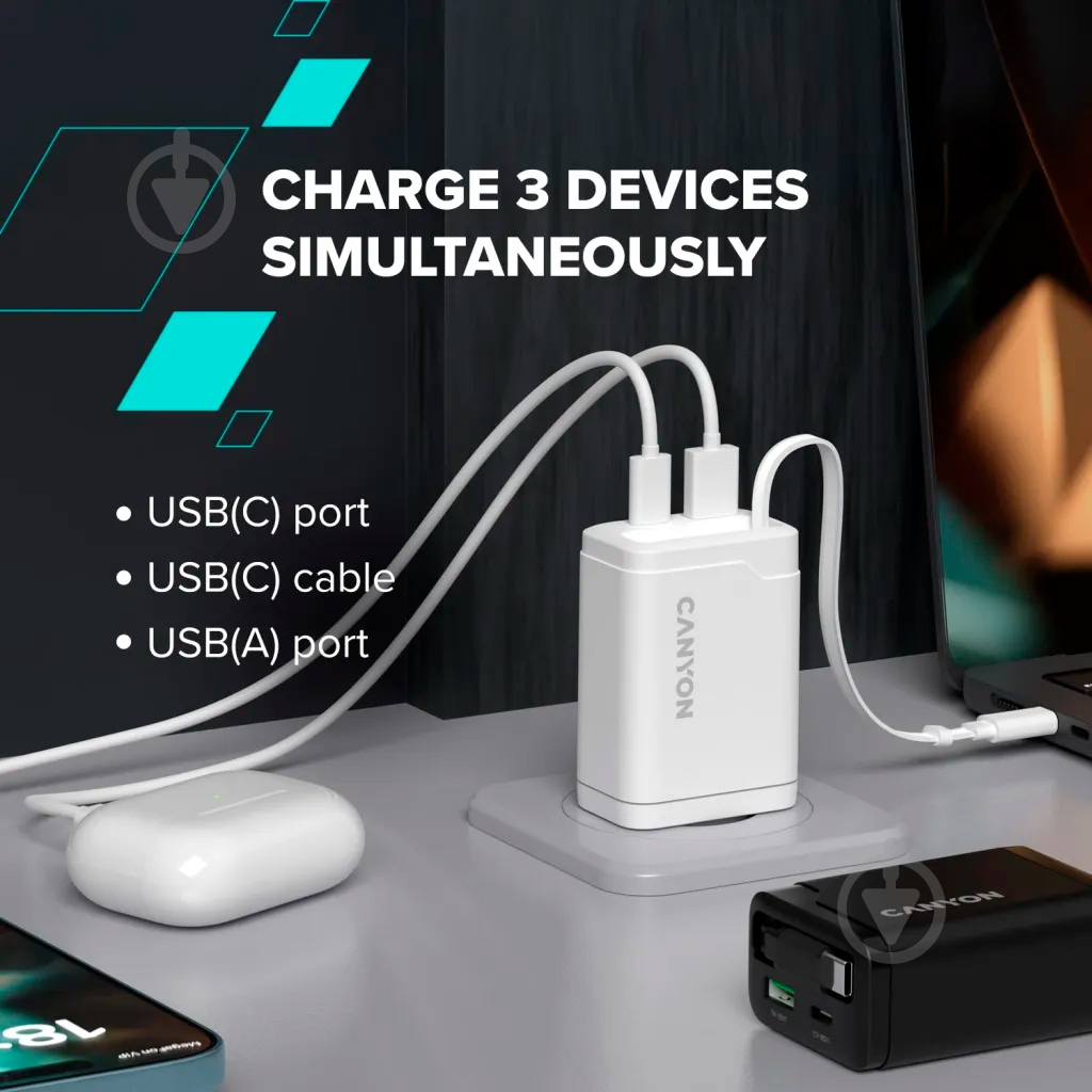 Зарядний пристрій Canyon OnCharge 65RC Build-In Cable USB-C 65W 1xPD 1xQC White (CNS-CURC65ACB) - фото 8 Зарядний пристрій Canyon OnCharge 65RC Build-In Cable USB-C 65W 1xPD 1xQC White (CNS-CURC65ACB) - фото 8