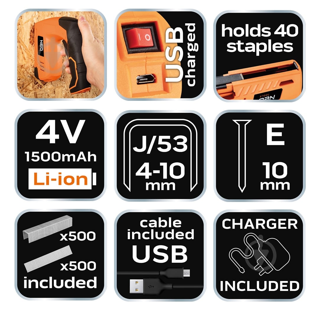 Степлер аккумуляторный Topex 4V от USB 16-050 - фото 8