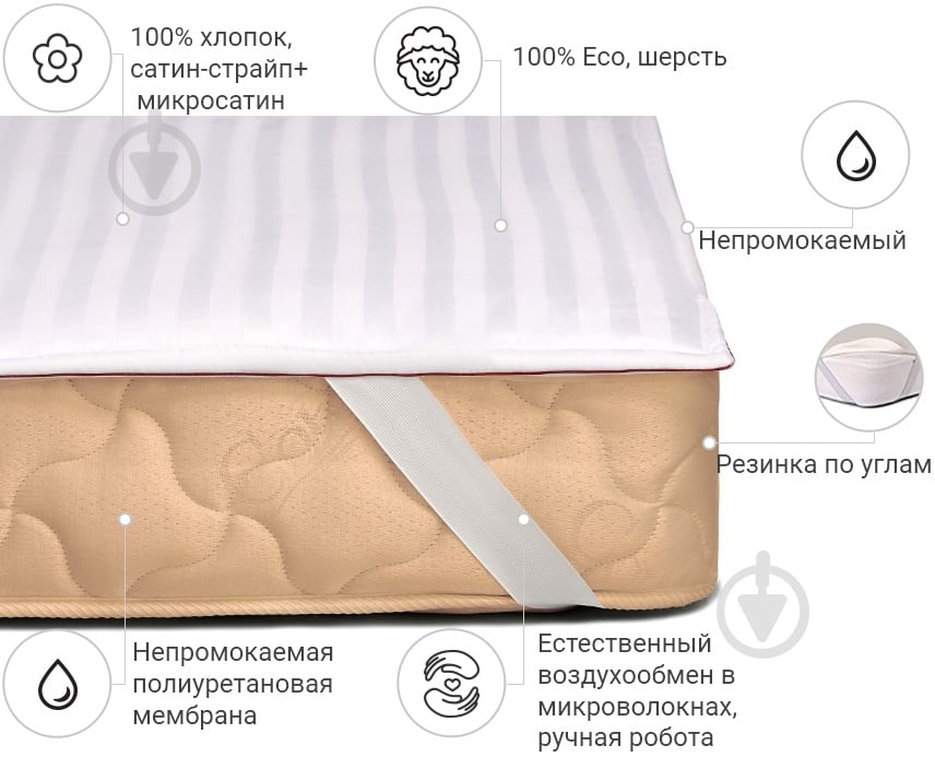 Наматрацник вовняний MirSon DeLuxe Woollen 244 водонепроникний з резинкою у кутах 26х200x220 см 2200000336736 - фото 2 Наматрацник вовняний MirSon DeLuxe Woollen 244 водонепроникний з резинкою у кутах 26х200x220 см 2200000336736 - фото 2