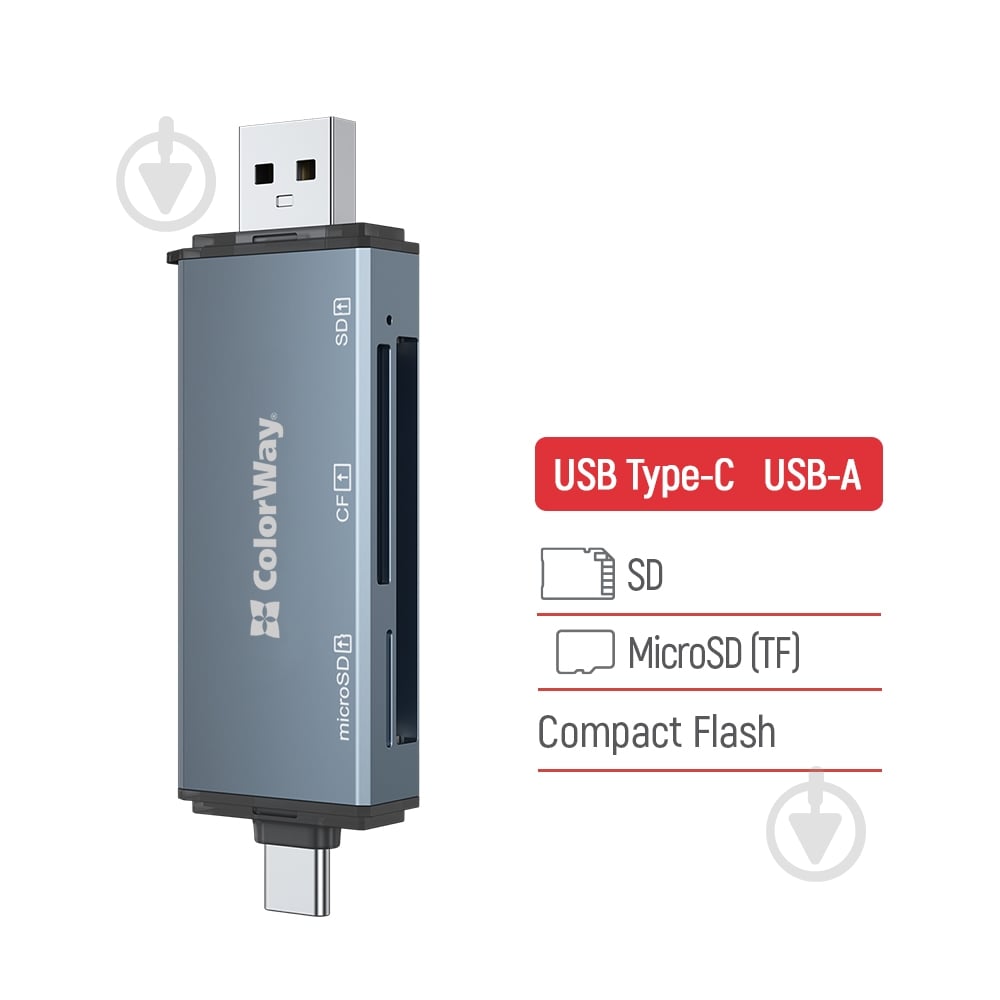 Кардридер ColorWay USB 2.0/USB-C to CF/SD/MicroSD (CW-CR-01) - фото 4