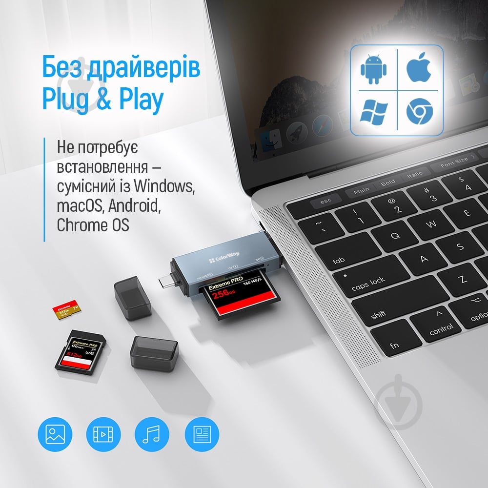 Кардридер ColorWay USB 2.0/USB-C to CF/SD/MicroSD (CW-CR-01) - фото 9