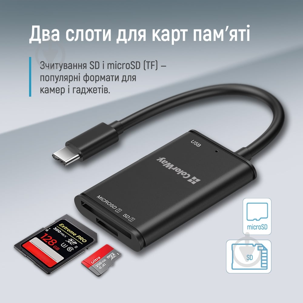 Кардридер ColorWay USB-C to USB 3.0/SD/MicroSD (CW-CR-02) - фото 9 Кардридер ColorWay USB-C to USB 3.0/SD/MicroSD (CW-CR-02) - фото 9
