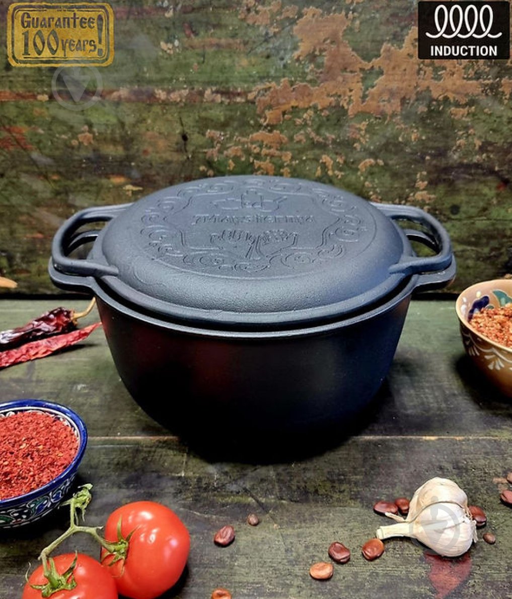 Кастрюля-казанок Maysternya ø26 мм 120 мм 5 л чугунная с крышкой-сковородой - фото 1