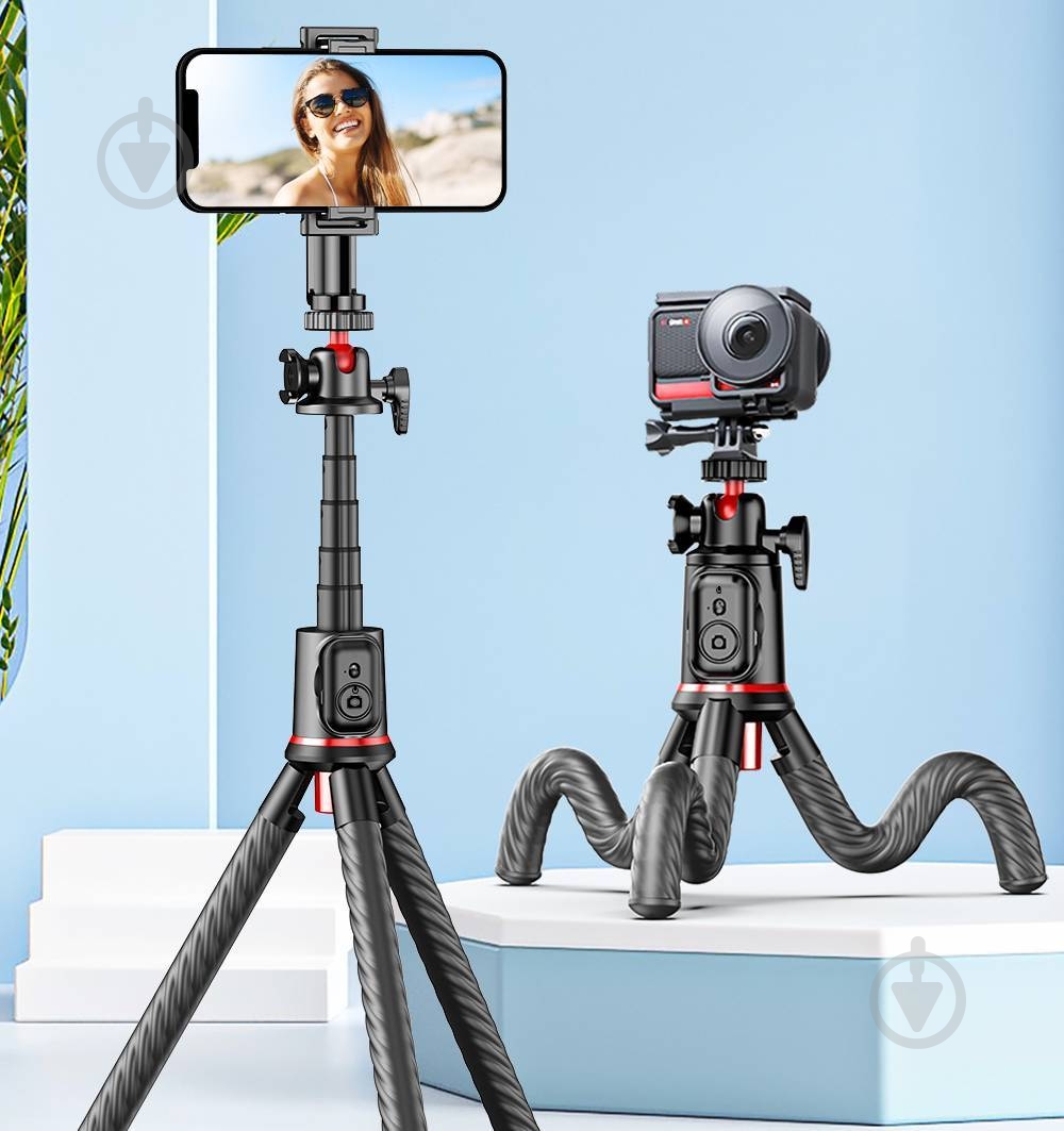 Трипод RTAKO C03 Octopus Extendable Tripod Selfie Stick with Detachable Phone Holder Black (6942063212416) - фото 8