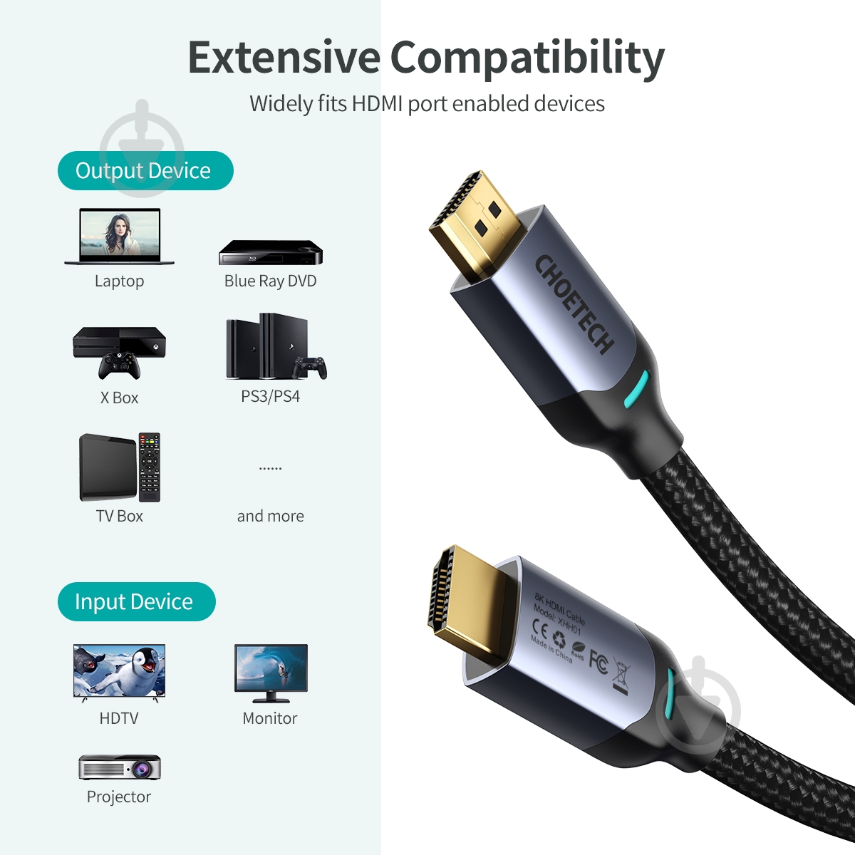 Кабель Choetech XHH01-BK, HDMI V.2.1, 8К 60 Гц 2 м black (XHH01-BK) - фото 5