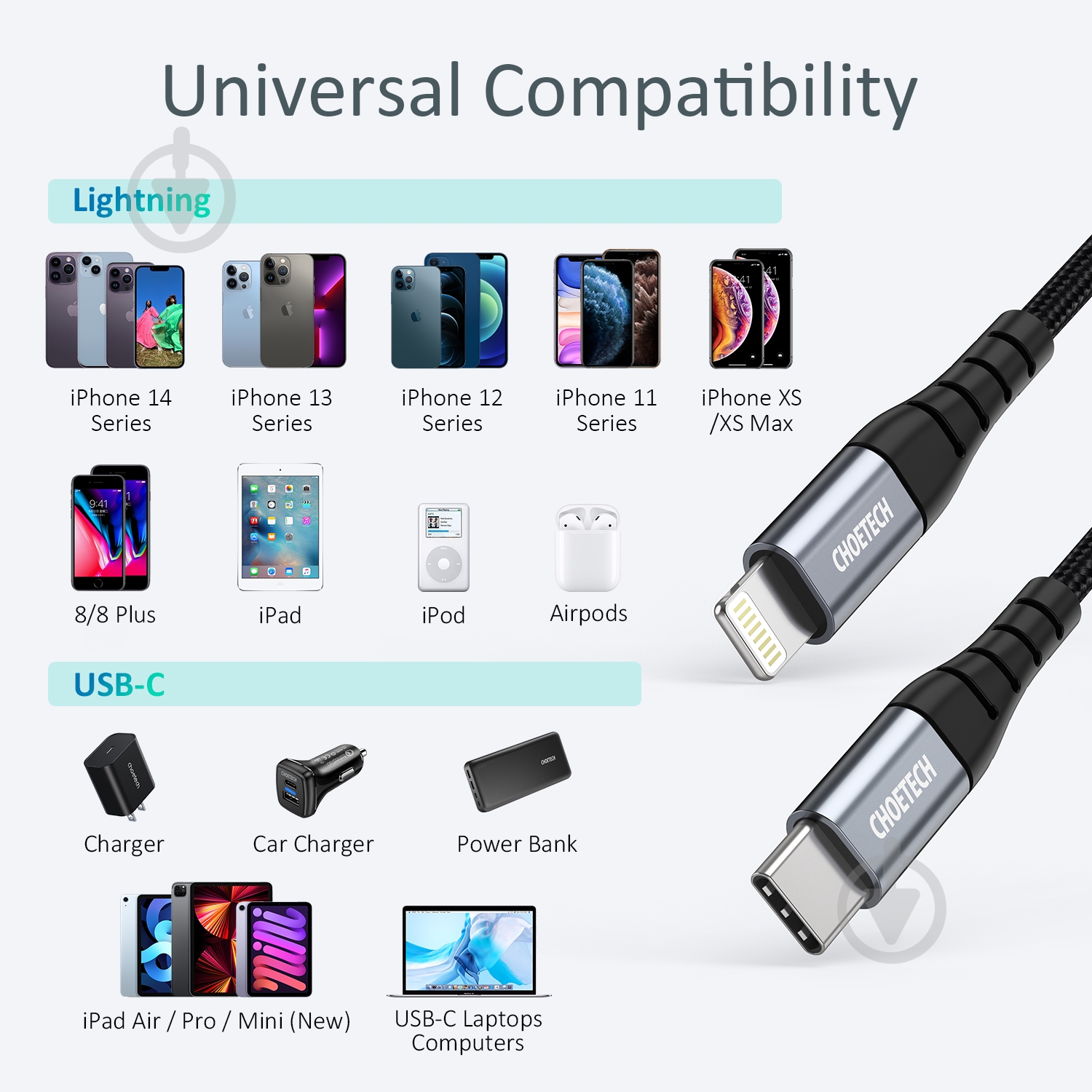 Кабель Choetech IP0039-BK MFI USB 2.0 Power Delivery USB-C/Lightning 1,2 м черный (IP0039-BK) - фото 8 Кабель Choetech IP0039-BK MFI USB 2.0 Power Delivery USB-C/Lightning 1,2 м черный (IP0039-BK) - фото 8