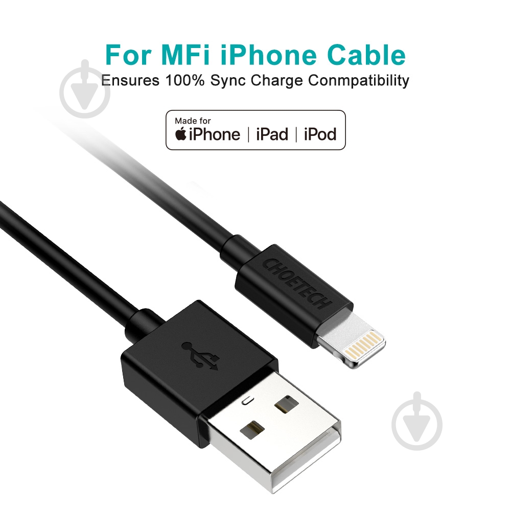 Кабель Choetech IP0027-BK USB-А/Lightning MFI 1,8 м черный (IP0027-BK) - фото 6 Кабель Choetech IP0027-BK USB-А/Lightning MFI 1,8 м черный (IP0027-BK) - фото 6