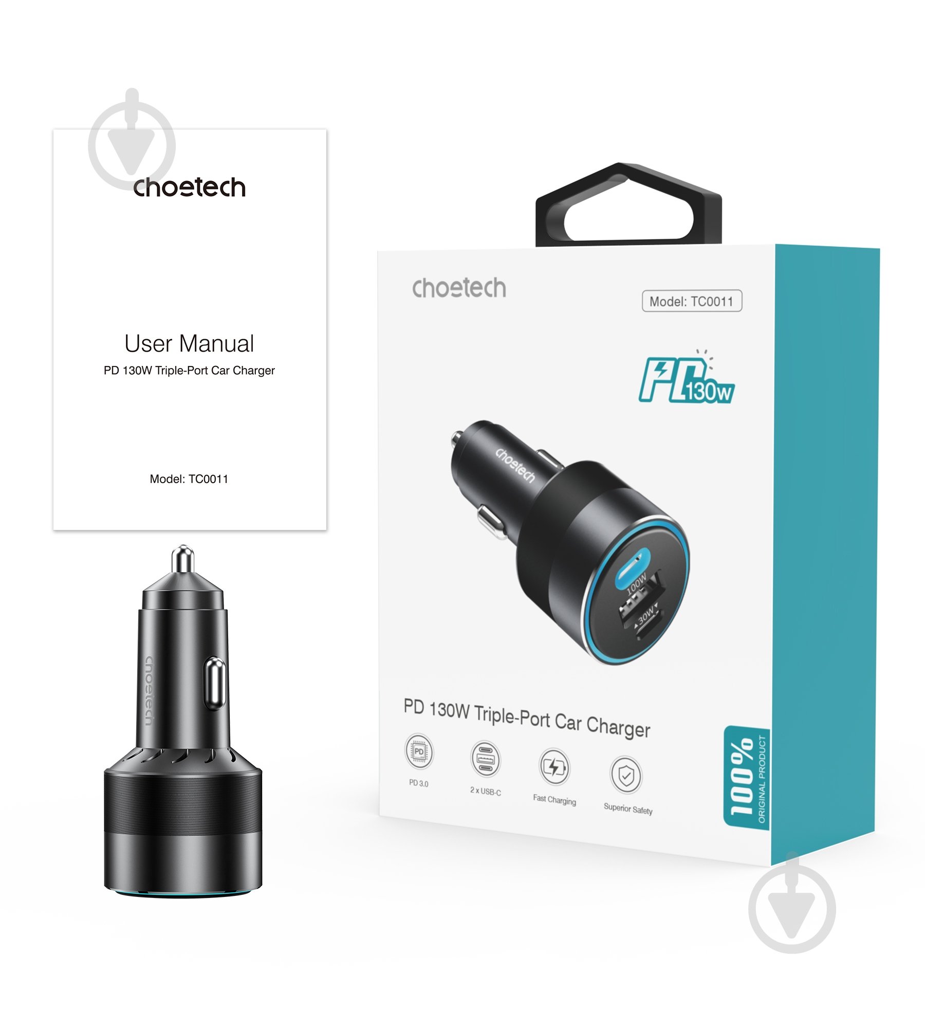Зарядное устройство — адаптер прикуривателя-USB Choetech 2 USB-C+USB-A 130Вт QC3.0/PD - фото 12