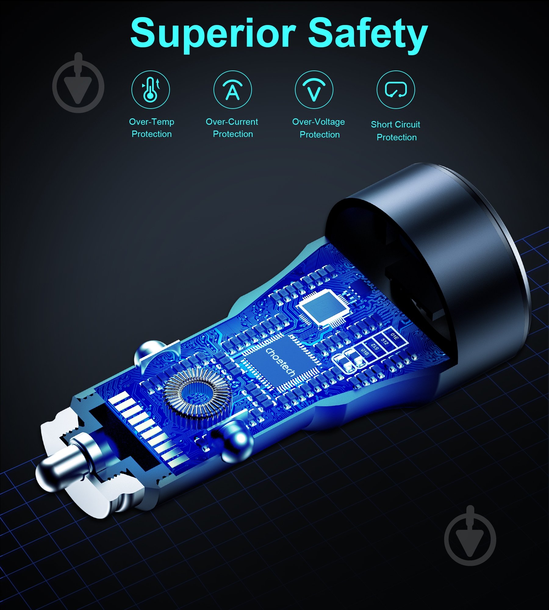 Автомобильное зарядное устройство Choetech TC0010-BK USB-A/USB-C, 63Вт QC3.0/PD/PPS - фото 4 Автомобильное зарядное устройство Choetech TC0010-BK USB-A/USB-C, 63Вт QC3.0/PD/PPS - фото 4