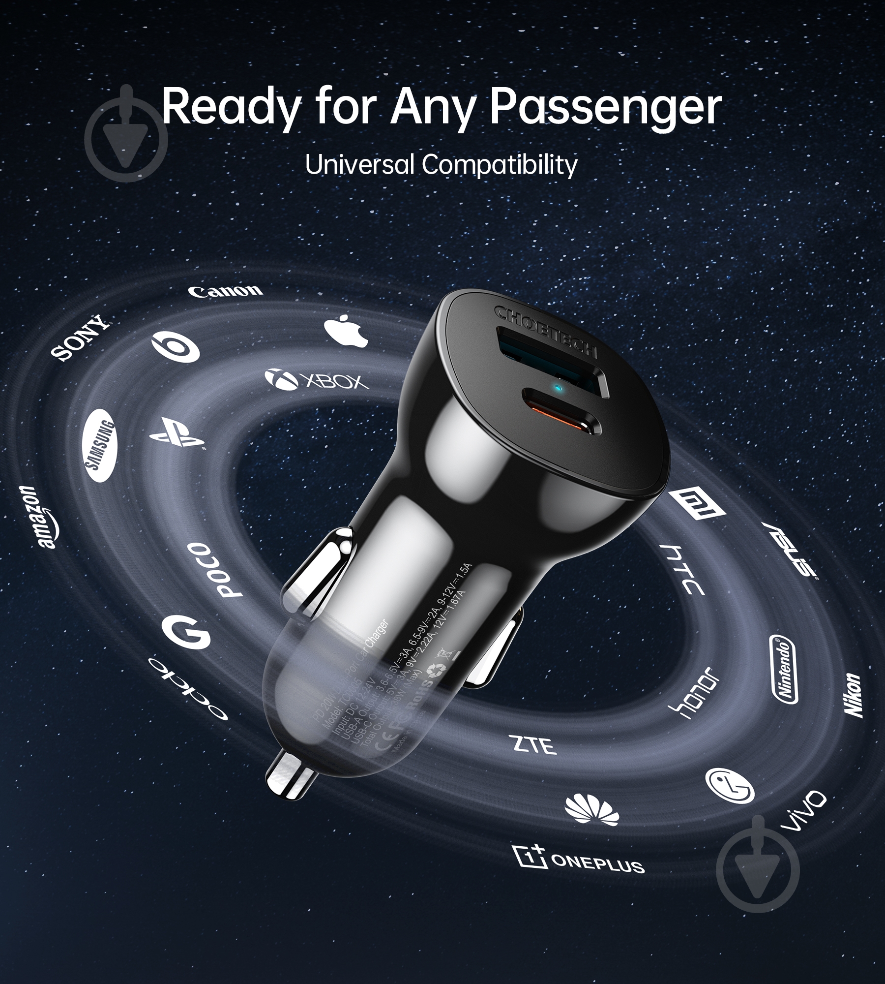 Автомобильное зарядное устройство Choetech TC0005-BK USB-A/USB-C 20Вт QC3.0/PD - фото 4 Автомобильное зарядное устройство Choetech TC0005-BK USB-A/USB-C 20Вт QC3.0/PD - фото 4