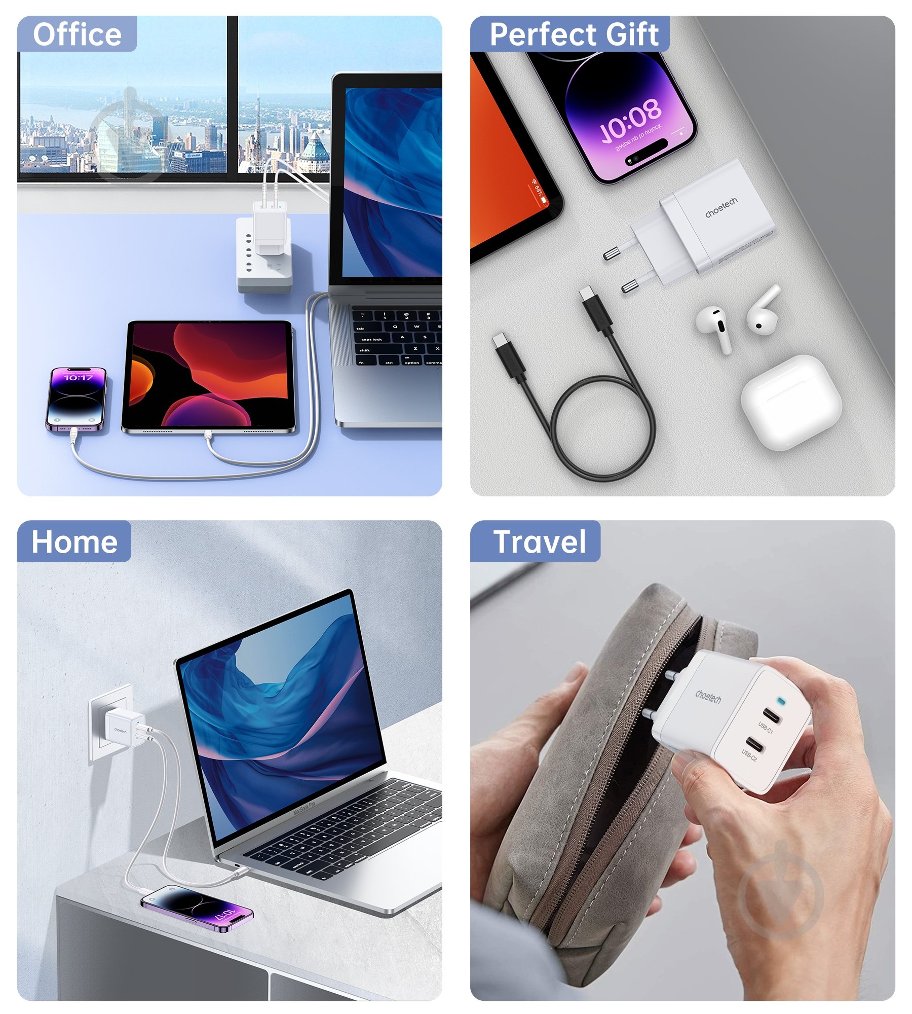 Сетевое зарядное устройство Choetech Q5006-EU-WH 2 USB-C, 40Вт PD/QC/PPS - фото 10 Сетевое зарядное устройство Choetech Q5006-EU-WH 2 USB-C, 40Вт PD/QC/PPS - фото 10