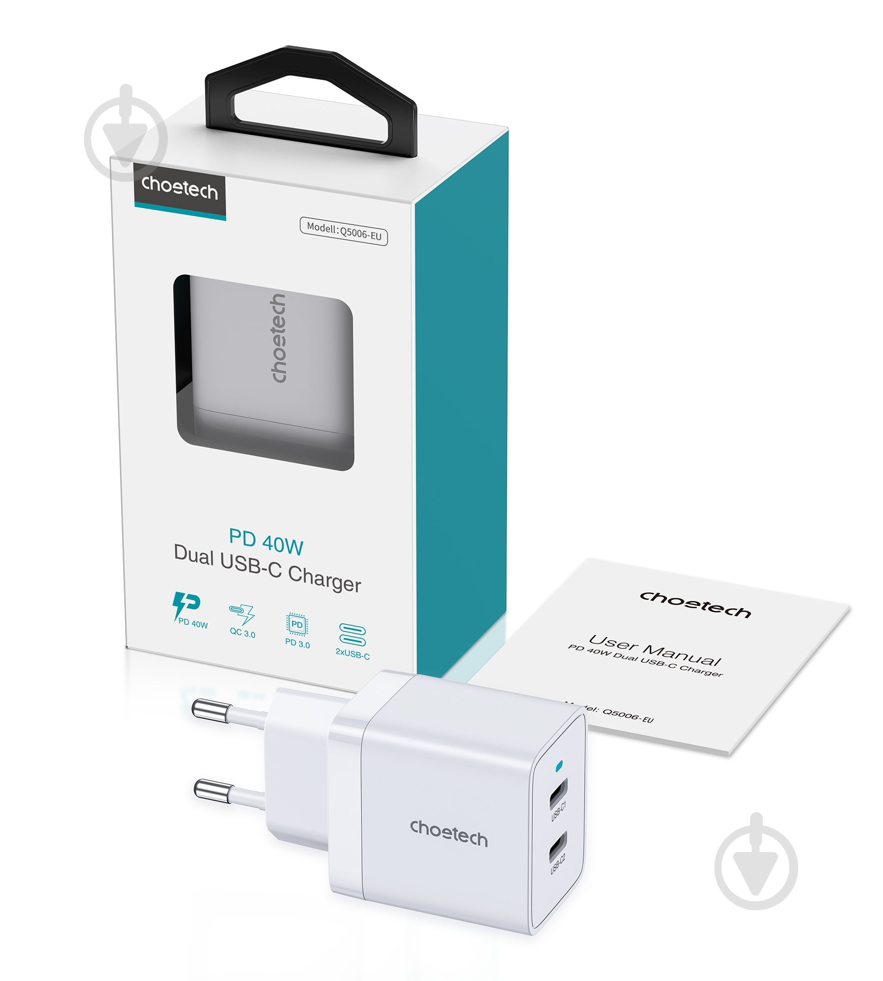 Сетевое зарядное устройство Choetech Q5006-EU-WH 2 USB-C, 40Вт PD/QC/PPS - фото 4 Сетевое зарядное устройство Choetech Q5006-EU-WH 2 USB-C, 40Вт PD/QC/PPS - фото 4