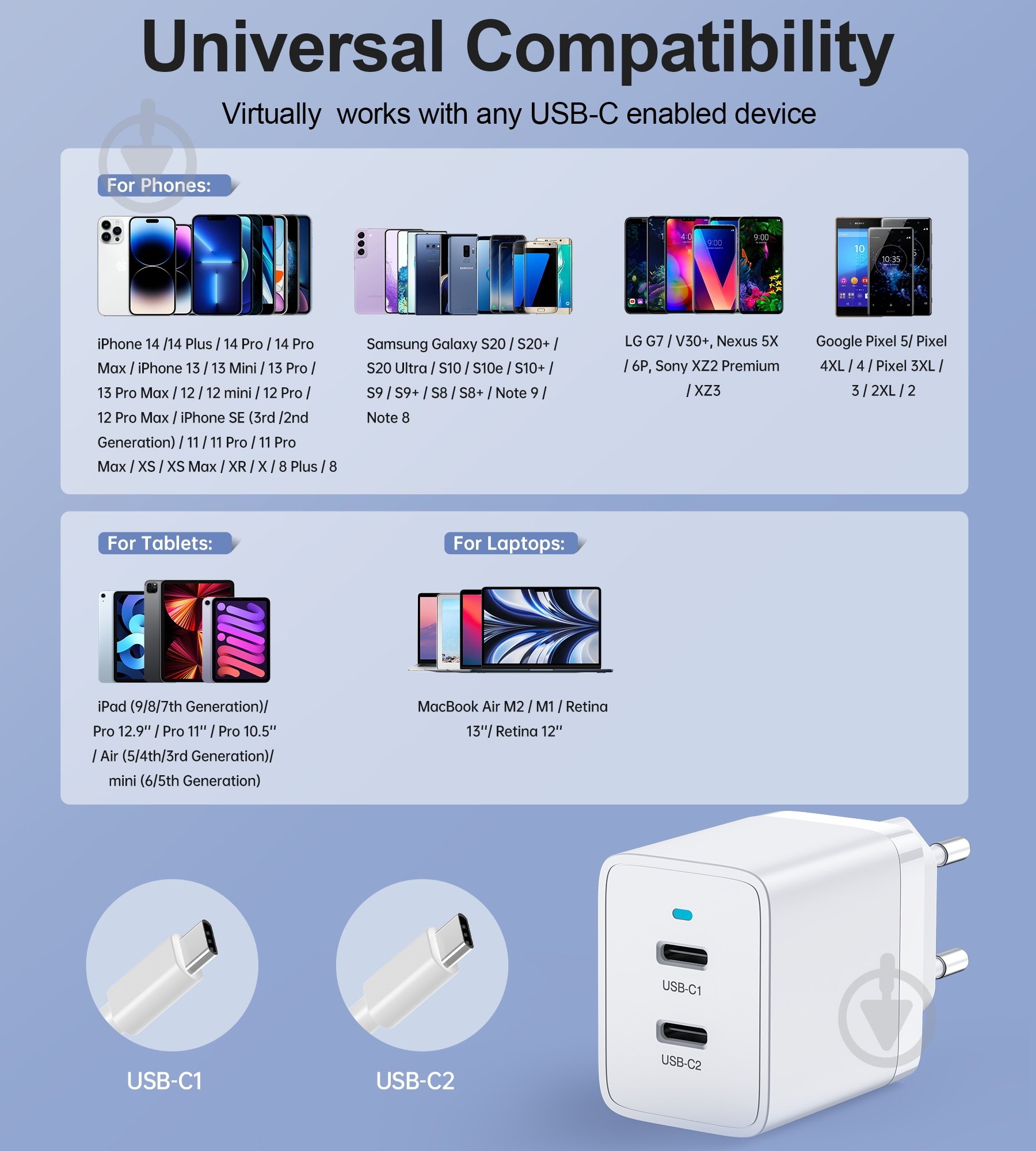 Сетевое зарядное устройство Choetech Q5006-EU-WH 2 USB-C, 40Вт PD/QC/PPS - фото 5 Сетевое зарядное устройство Choetech Q5006-EU-WH 2 USB-C, 40Вт PD/QC/PPS - фото 5