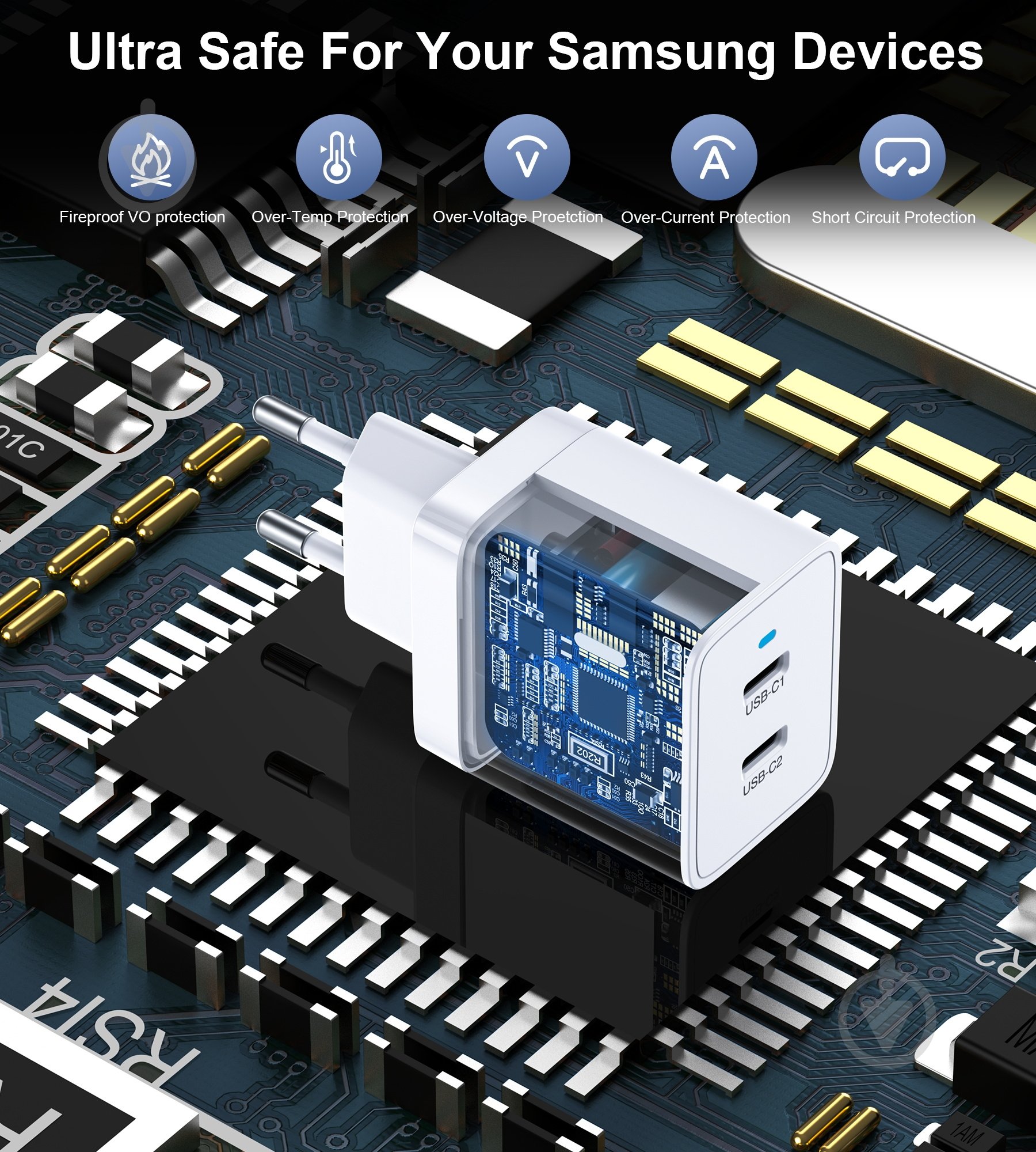 Сетевое зарядное устройство Choetech Q5006-EU-WH 2 USB-C, 40Вт PD/QC/PPS - фото 6 Сетевое зарядное устройство Choetech Q5006-EU-WH 2 USB-C, 40Вт PD/QC/PPS - фото 6