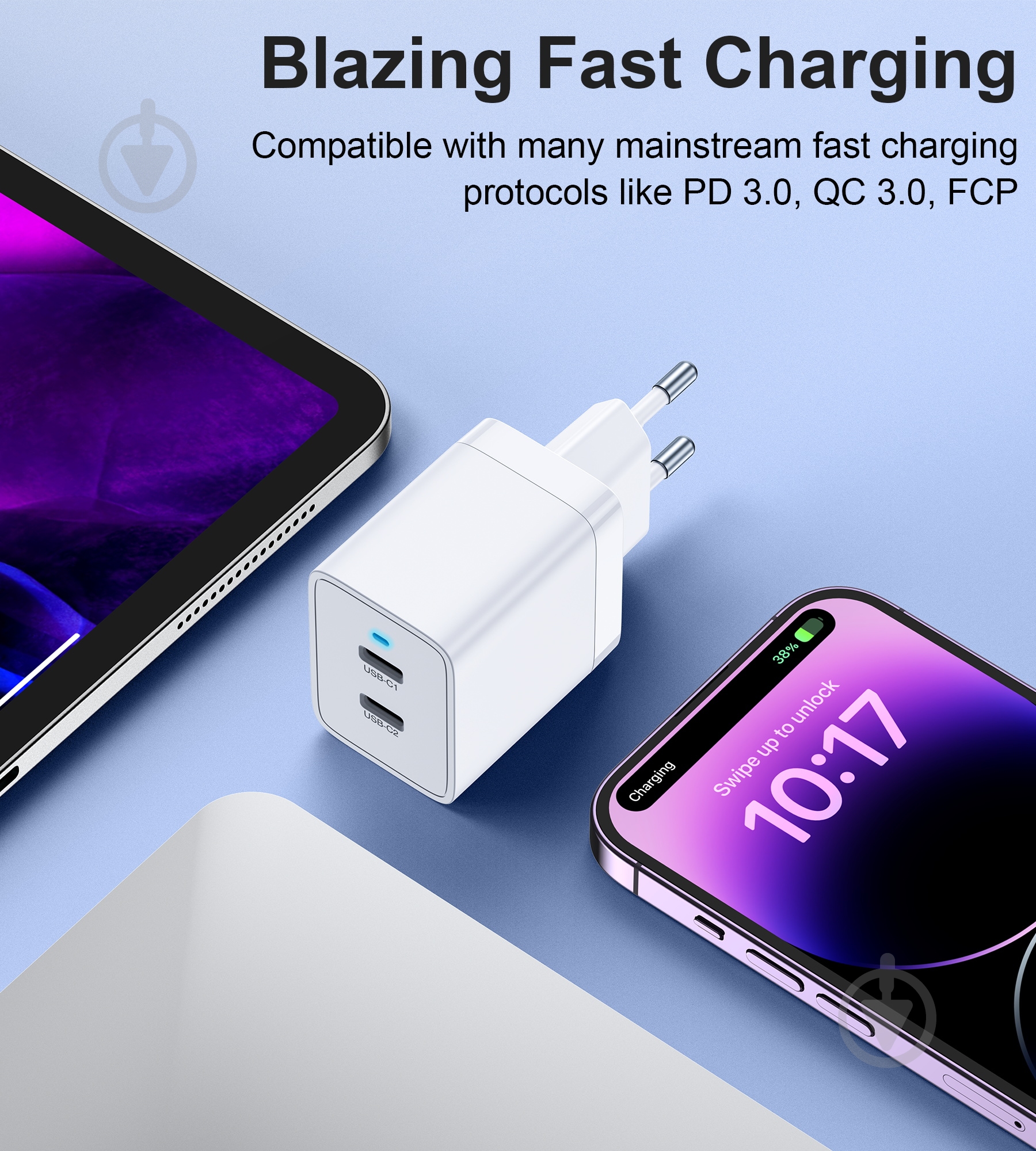 Сетевое зарядное устройство Choetech Q5006-EU-WH 2 USB-C, 40Вт PD/QC/PPS - фото 9 Сетевое зарядное устройство Choetech Q5006-EU-WH 2 USB-C, 40Вт PD/QC/PPS - фото 9