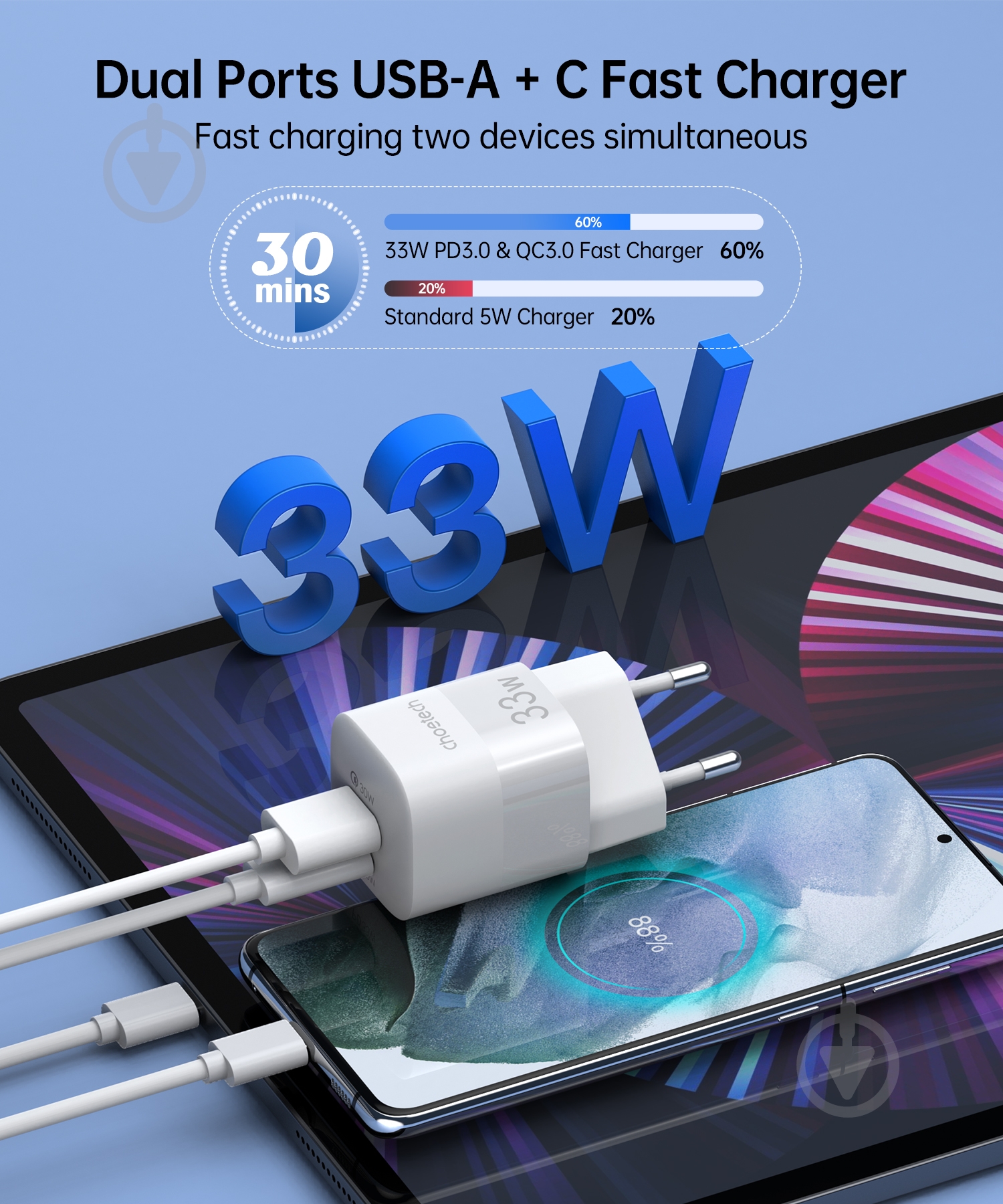 Мережевий зарядний пристрій Choetech PD5006-EU-WH GaN USB-A/USB-C 33Вт QC3.0/PD/PPS - фото 3 Мережевий зарядний пристрій Choetech PD5006-EU-WH GaN USB-A/USB-C 33Вт QC3.0/PD/PPS - фото 3