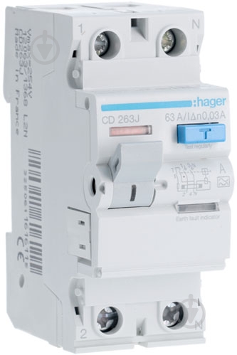Дифференциальное реле Hager 2x63 A 30 mA A 2м CD263J - фото 1