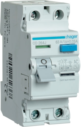 Дифференциальное реле Hager 2x63A 30 mA AC 2м CD264J - фото 1