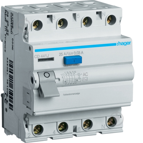 Дифференциальное реле Hager 4x40A 30 mA AC 4м CD441J - фото 1