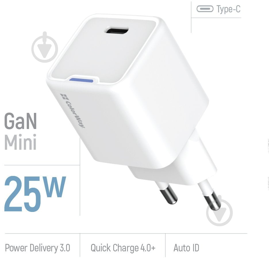 Сетевое зарядное устройство ColorWay GaN Mini 25W PD USB-C white - фото 6 Сетевое зарядное устройство ColorWay GaN Mini 25W PD USB-C white - фото 6