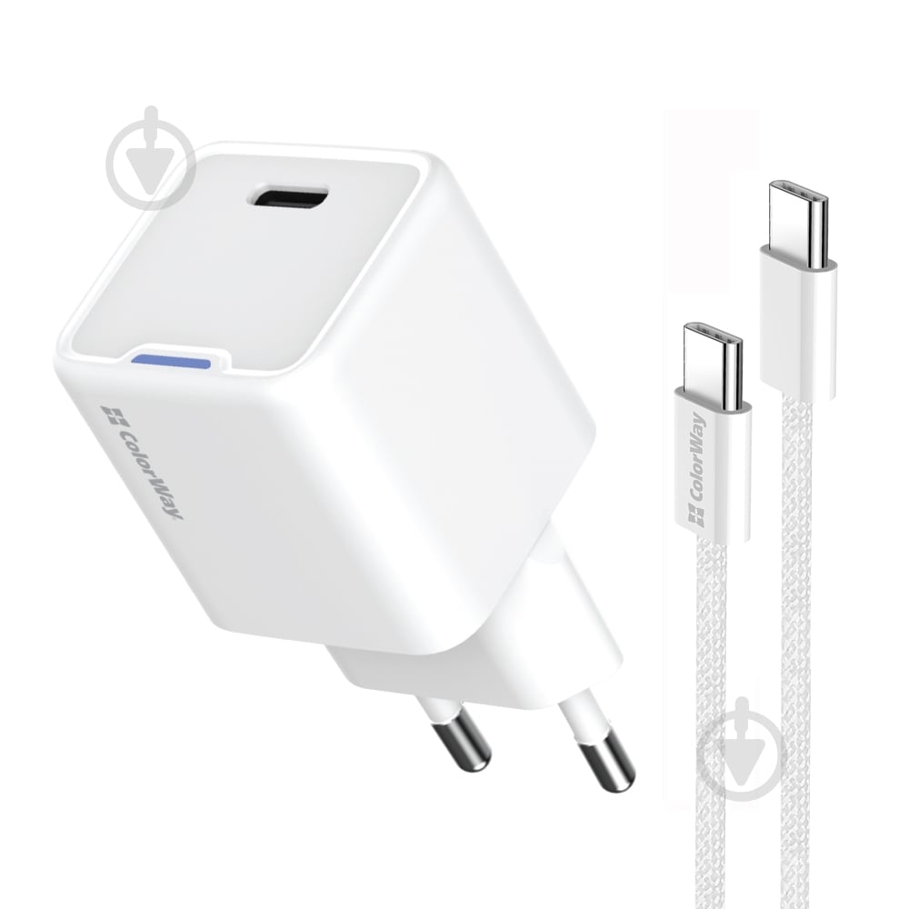 Зарядний пристрій універсальний ColorWay GaN Mini 25W PD Port PPS USB-C білий cable Type-C (CW-CHS052PDC-WT) - фото 1