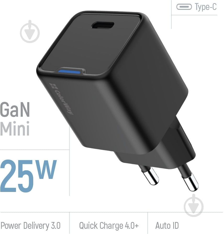 Мережевий зарядний пристрій ColorWay GaN Mini 25W PD USB-C black - фото 6 Мережевий зарядний пристрій ColorWay GaN Mini 25W PD USB-C black - фото 6