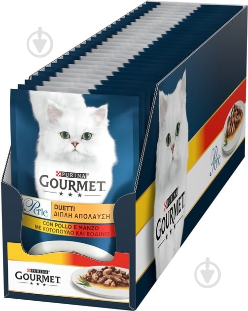 Корм вологий для котів Gourmet by Purina Perle Duo з яловичиною та куркою в підливі 26 шт. 85 г - фото 1