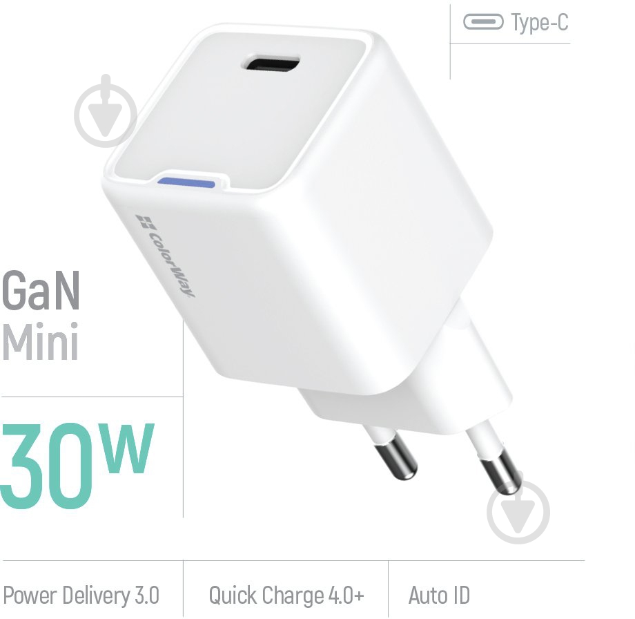 Сетевое зарядное устройство ColorWay GaN Mini 30W PD USB-C white - фото 5