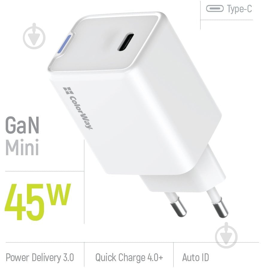 Сетевое зарядное устройство ColorWay GaN Mini 45W PD Port PPS USB-C белый (CW-CHS057PD-WT) - фото 7