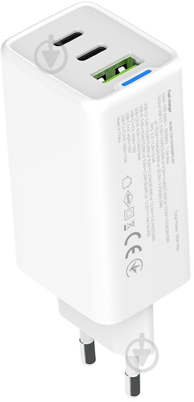 Сетевое зарядное устройство ColorWay GaN Mini 65W PD Port PPS USB (USB-2C1A) белый (CW-CHS058PD-WT) - фото 1