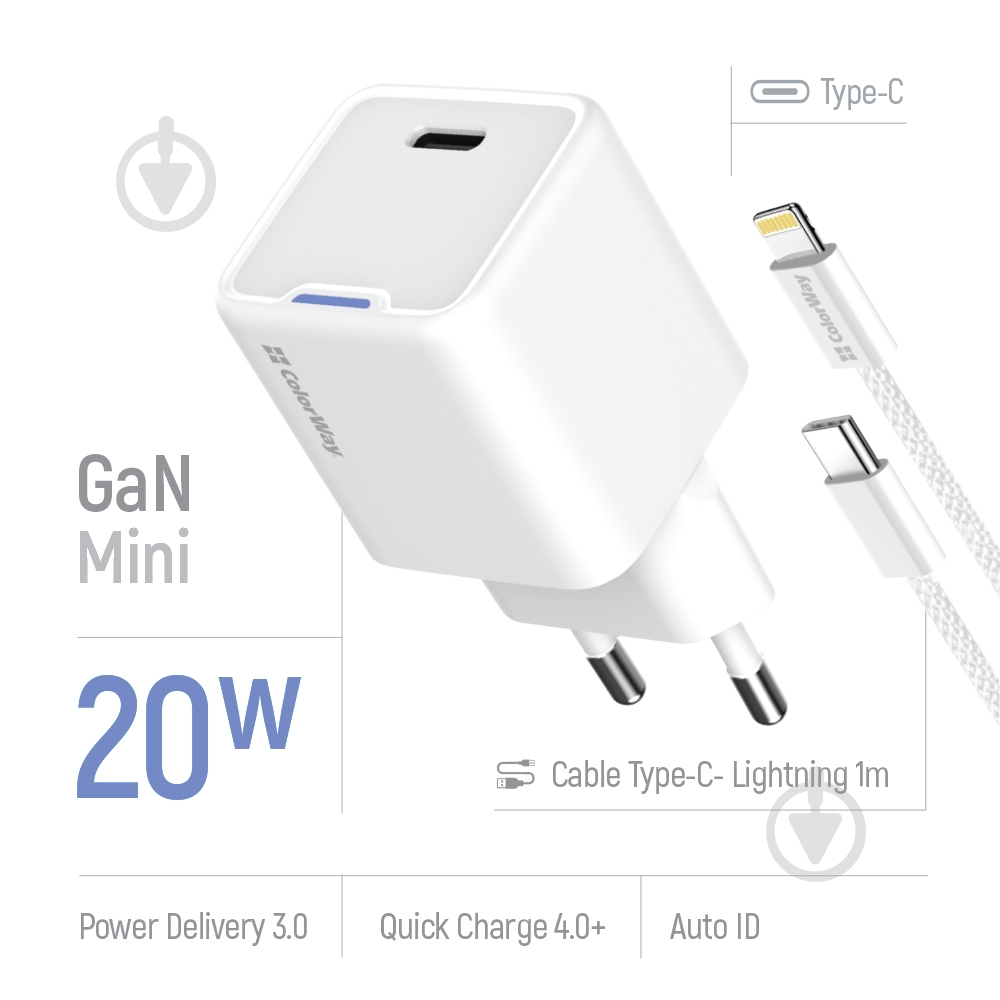 Зарядное устройство ColorWay GaN Mini 20W PD Port PPS USB-C белое cable Lightning (CW-CHS059PDL-WT) - фото 4 Зарядное устройство ColorWay GaN Mini 20W PD Port PPS USB-C белое cable Lightning (CW-CHS059PDL-WT) - фото 4