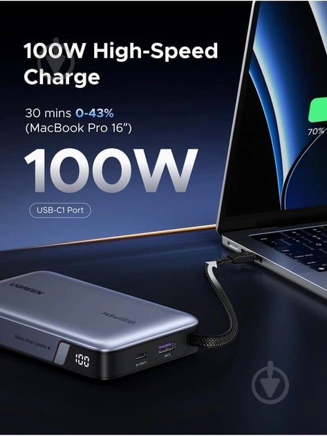 Повербанк UGREEN with built-in USB-C cable 20000 mAh gray (55992B) - фото 10