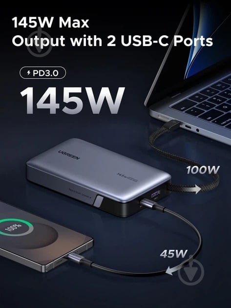 Повербанк UGREEN with built-in USB-C cable 20000 mAh gray (55992B) - фото 5