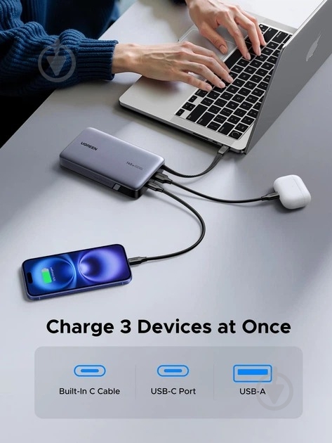 Повербанк UGREEN with built-in USB-C cable 20000 mAh gray (55992B) - фото 6