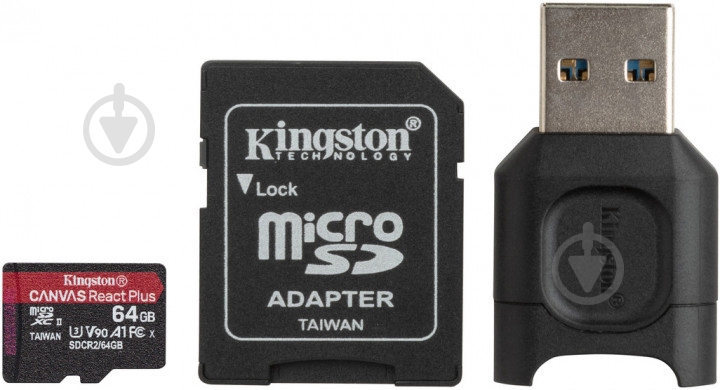 Карта памяти Kingston microSDXC 64 ГБ UHS-II Class 3 (U3) (MLPMR2/64GB) React Plus + MLPM Reader REACT Plus SDCR2 W/AD - фото 1