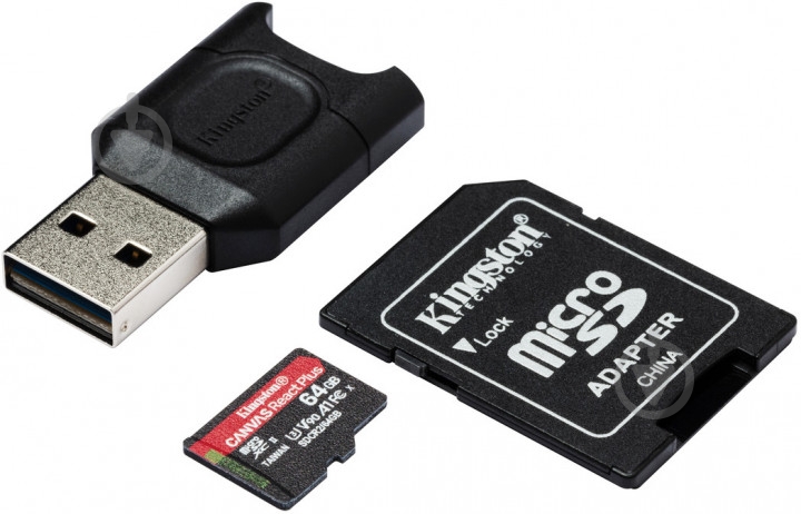 Карта памяти Kingston microSDXC 64 ГБ UHS-II Class 3 (U3) (MLPMR2/64GB) React Plus + MLPM Reader REACT Plus SDCR2 W/AD - фото 2