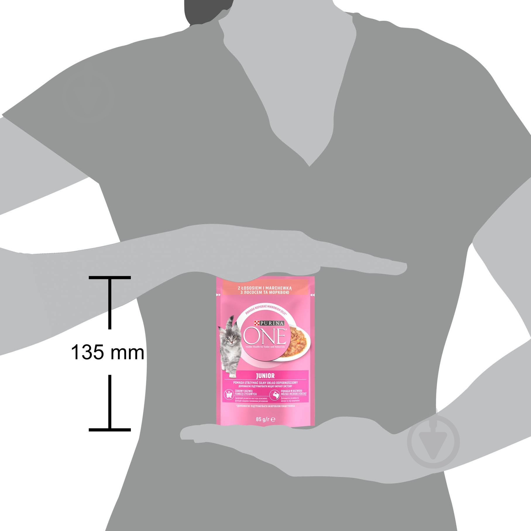 Корм вологий для котів ONE by Purina Junior шматочки в соусі з лососем та морквою 85 г - фото 2 Корм вологий для котів ONE by Purina Junior шматочки в соусі з лососем та морквою 85 г - фото 2