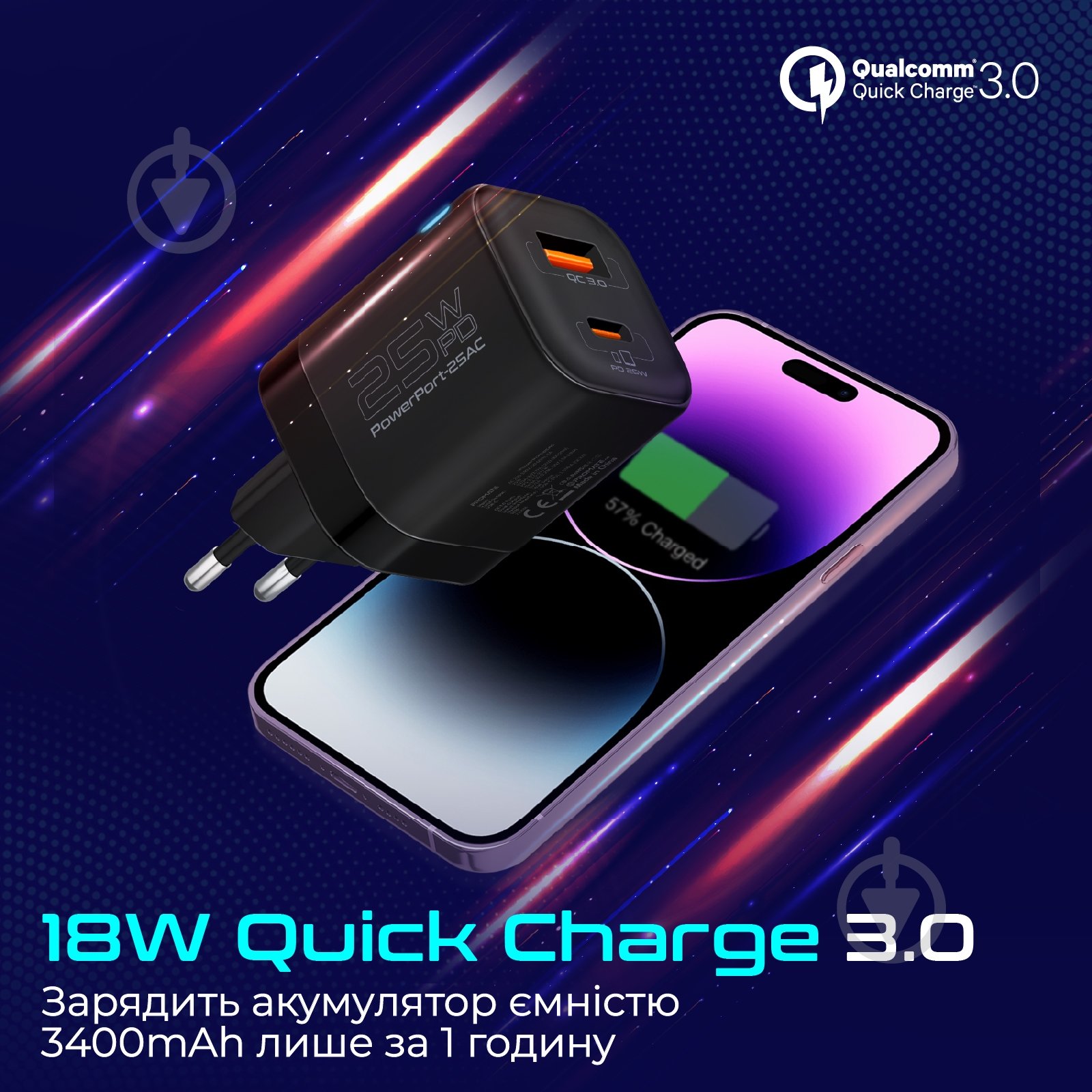 Мережевий зарядний пристрій Promate PowerPort-25AC USB-C, USB-A Black (powerport-25ac.black) - фото 4