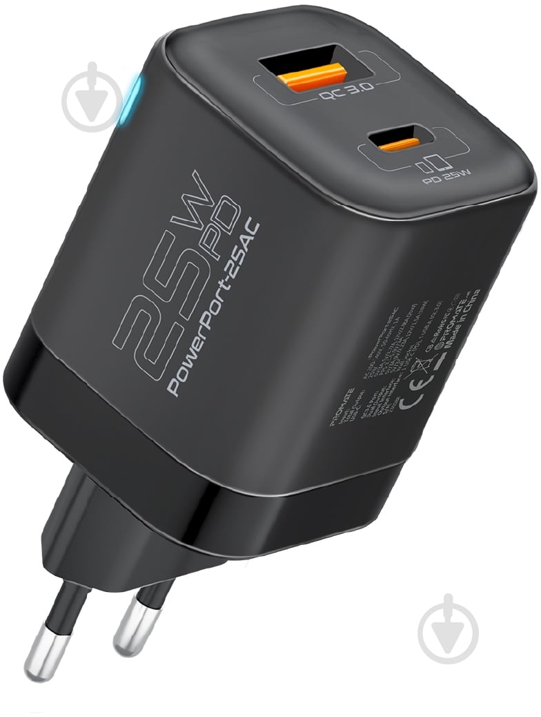 Мережевий зарядний пристрій Promate PowerPort-25AC USB-C, USB-A Black (powerport-25ac.black) - фото 1