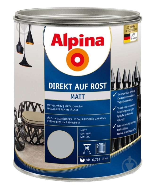 Емаль Alpina Direkt auf Rost Matt RAL 9005 черна мат 0,75 л - фото 1