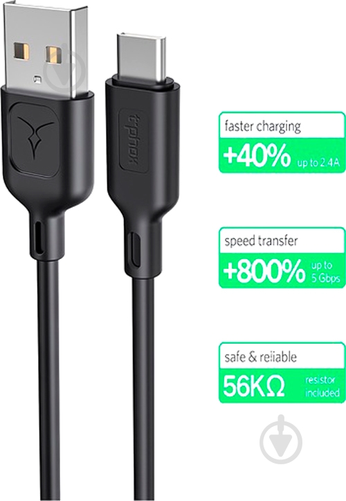 Кабель T-PHOX Type-C – USB 2.0 1,2 м черный (T-C829 Black) - фото 5 Кабель T-PHOX Type-C – USB 2.0 1,2 м черный (T-C829 Black) - фото 5