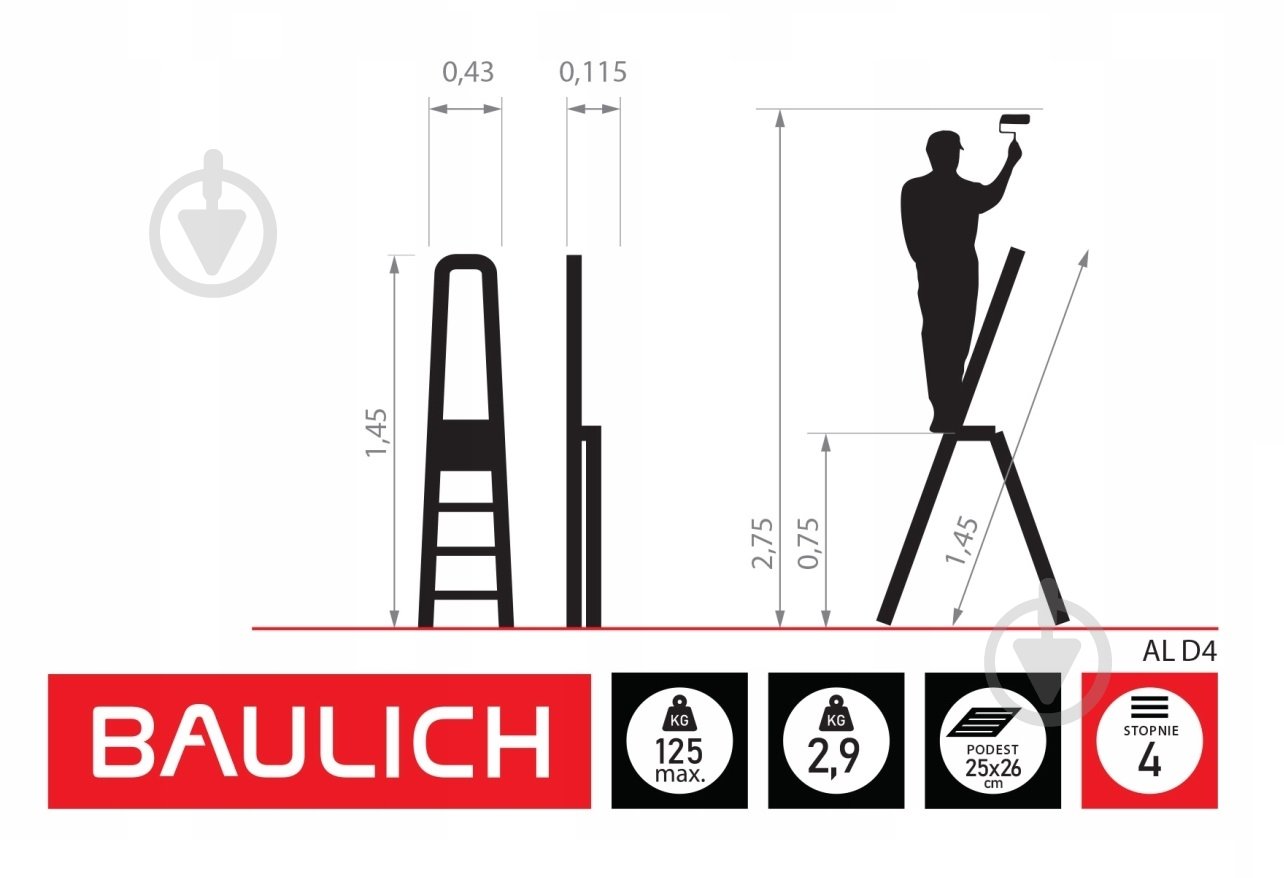 Драбина Baulich алюмінієва 4 сходинки BAULICH - фото 6