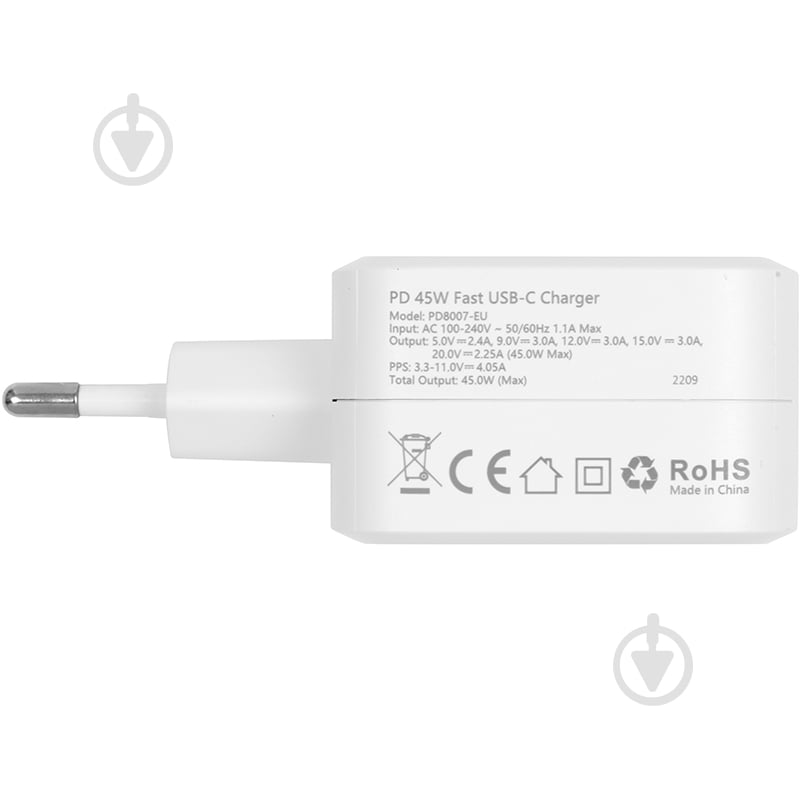 Зарядний пристрій Choetech GaN USB Type-C 45W, PD, QC, PPS - фото 3