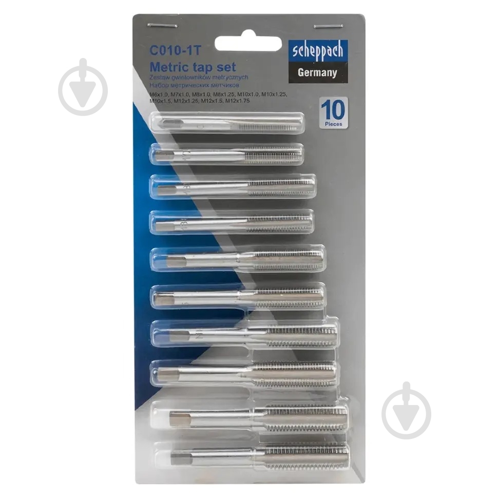 Набор метчиков метрических 10пр.(М6х1.0, М7х1.0, М8х1.0/1.25, М10х1.0/1.25/1.5, М12х1.25/1.5/1.75), в блистере Scheppach 10 шт. SCH-C010-1T - фото 1