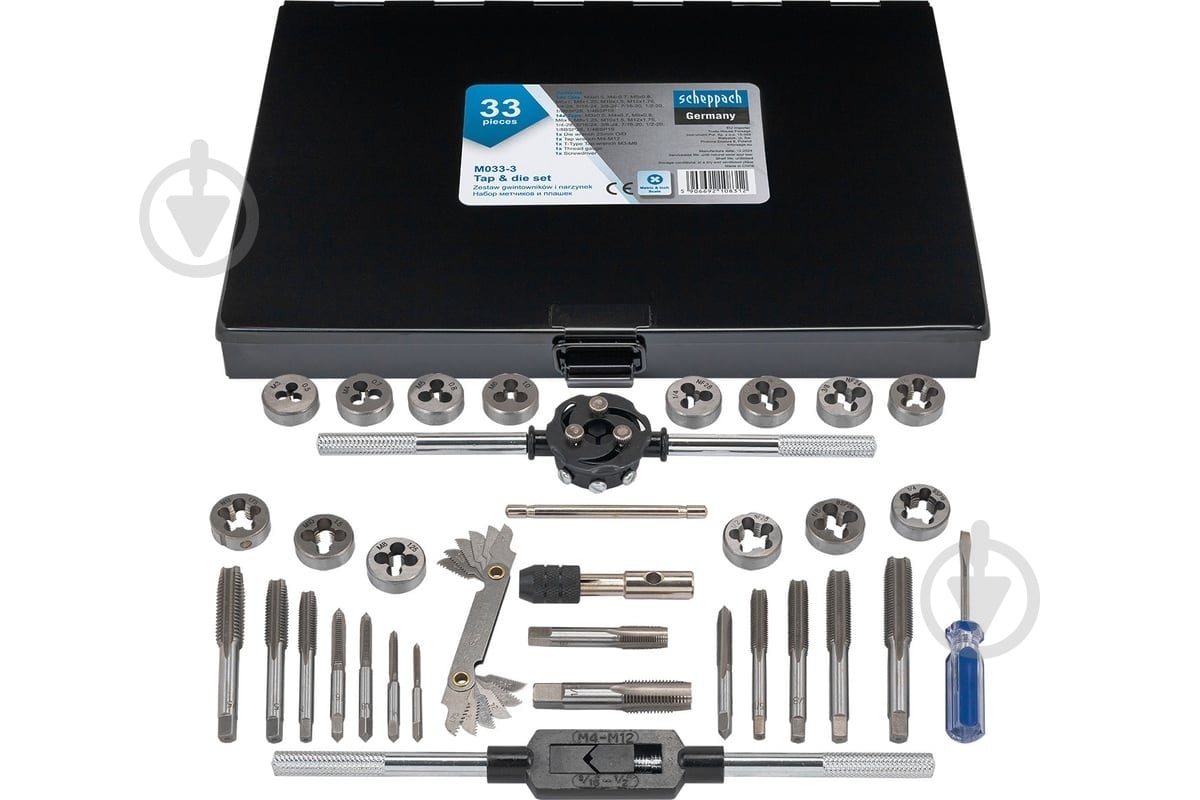 Набор метчиков и плашек (метрический+дюймовый) Scheppach 33 шт. SCH-M033-3 - фото 1 Набор метчиков и плашек (метрический+дюймовый) Scheppach 33 шт. SCH-M033-3 - фото 1