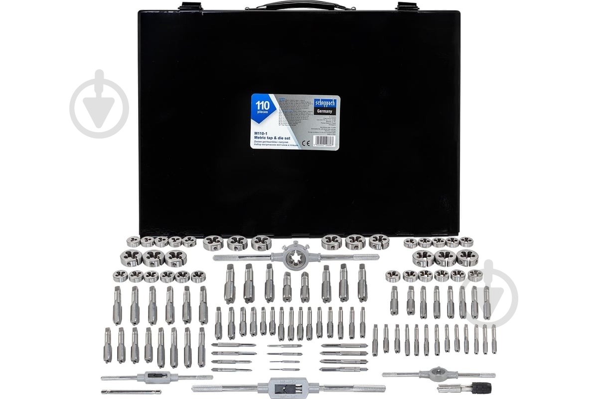 Набор метчиков и плашек метрический, в металлическом кейсе Scheppach 110 шт. SCH-M110-1 - фото 1 Набор метчиков и плашек метрический, в металлическом кейсе Scheppach 110 шт. SCH-M110-1 - фото 1