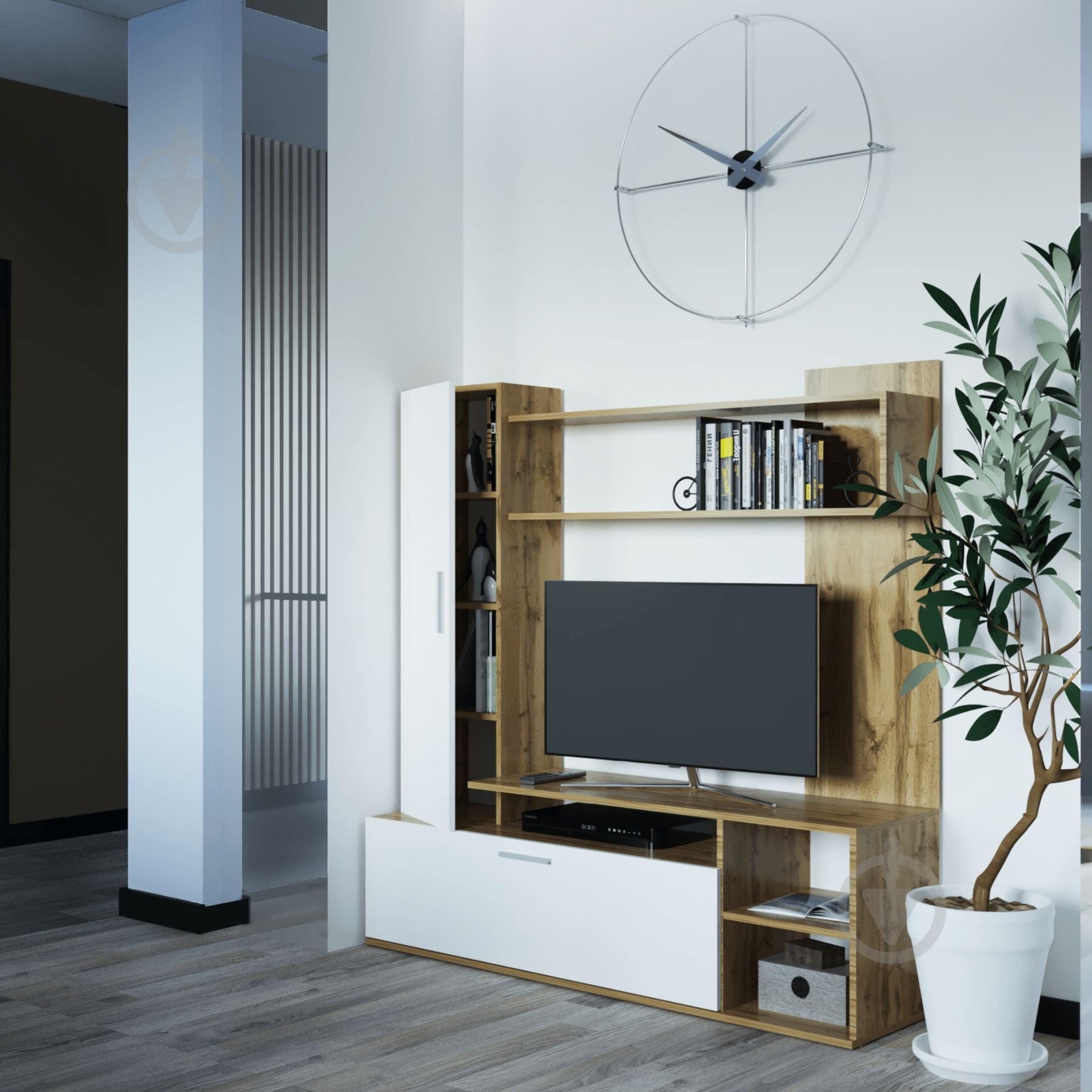 Стенка ТВ Кона 151х40х147 Doros белый/дуб эвок - фото 2 Стенка ТВ Кона 151х40х147 Doros белый/дуб эвок - фото 2