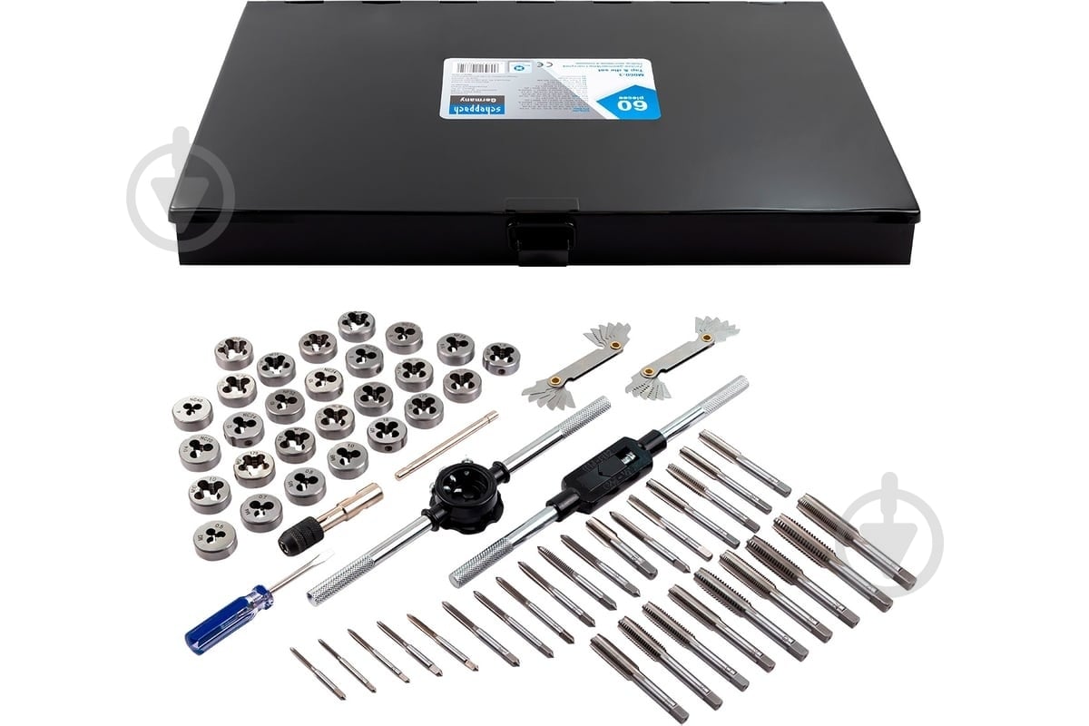 Набор метчиков и плашек метрический+дюймовый, в металлическом кейсе Scheppach 60 шт. SCH-M060-3 - фото 1 Набор метчиков и плашек метрический+дюймовый, в металлическом кейсе Scheppach 60 шт. SCH-M060-3 - фото 1