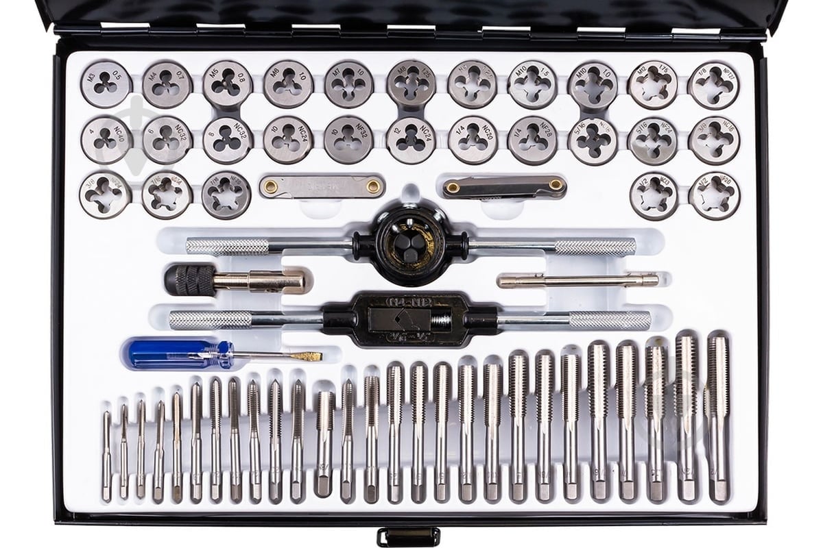 Набор метчиков и плашек метрический+дюймовый, в металлическом кейсе Scheppach 60 шт. SCH-M060-3 - фото 3 Набор метчиков и плашек метрический+дюймовый, в металлическом кейсе Scheppach 60 шт. SCH-M060-3 - фото 3